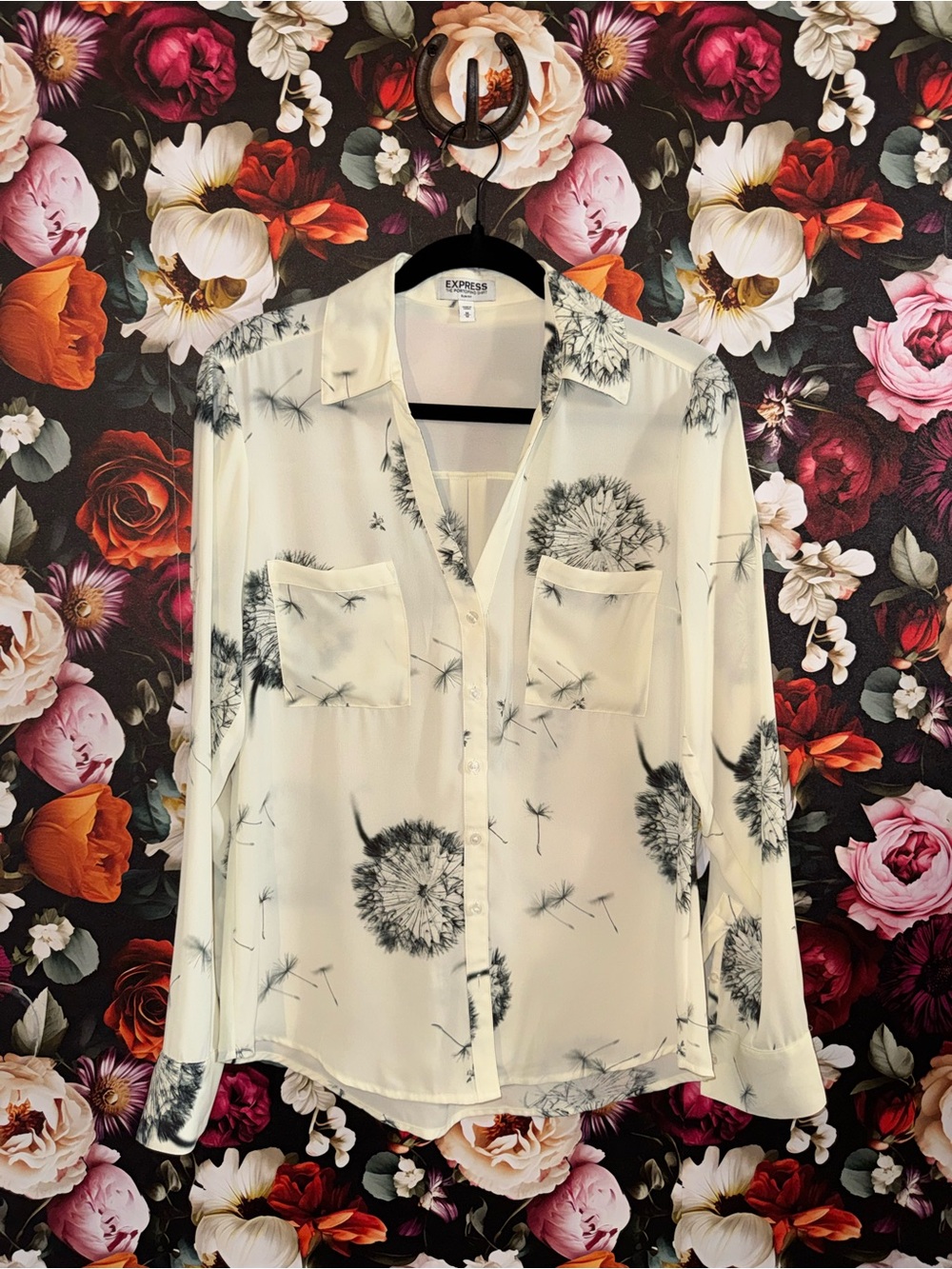 Express Portofino Slim Fit Cream Button-Up Shirt with Black Dandelion Print, M
